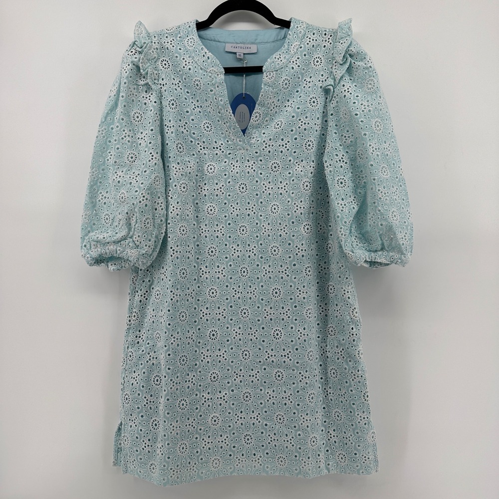 Cartolina Nantucket Isabella Eyelet Dress Spun Sugar Blue XS SU231340D-CHE NEW